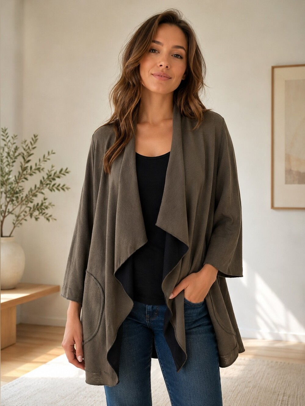 Parsley &sage Relaxed Open-Front Olive Green Women's Sweater